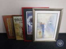 A framed Palmer's tyre advertising print together with three other framed pictures,