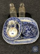 A tray of antique blue and white plate, pair of crystal decanters etc.