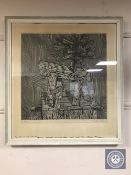 Continental woodblock print signed in pencil, abstract figure,