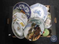 A box containing antique and later wall plates and china, Royal Worcester Evesham oven dish,