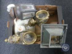 A box of pair of late 19th century brass lamps,