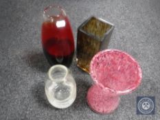A Whitefriars crackle glass vase together with a flame red vase and two others