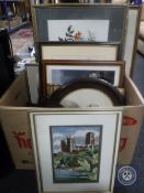 A box of pictures and prints including engravings on copper,