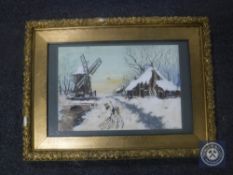 A gilt framed watercolour, farmstead in winter landscape,