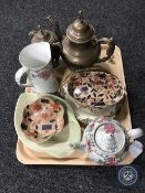 A tray of Maling teapot and jug, silver plated tea service etc.
