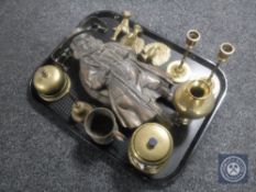 A tray of metal John Bull door stop, brass ware, desk bell, miniature fender,