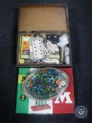 A pine box containing sewing items, Meccano No.