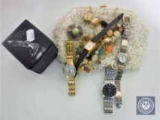 A bead work purse, small quantity of watches,
