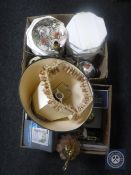 Two boxes of table lamps, collector's plates, DVD's etc.
