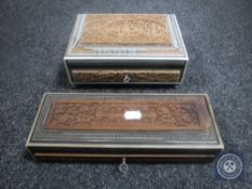 Two antique Indian carved sandalwood and ivory inlaid trinket boxes with keys