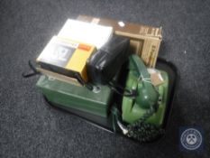 A tray of vintage green telephone, assorted cameras, boxed Prismatic 7 x 50 binoculars,