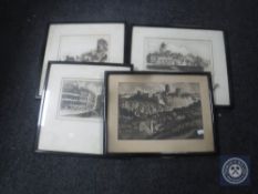 Four monochrome etchings after Bert Bainbridge; Durham Cathedral, North Shields and two others,