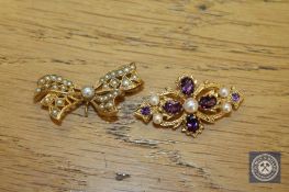 Two gold brooches set with amethysts and seed pearls