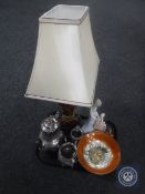 A tray of three piece plated tea service, wooden table lamp with shade,