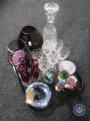 A tray of glass ware, crystal decanter, Murano clown,
