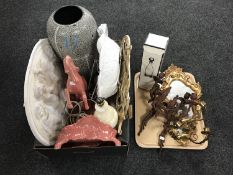 A tray and a box of chalk cherub plaque, West German vase, marble table lamp, metal wall sconces,