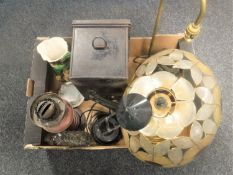 A box containing WWII ARP box, oil lamp, Hornsea vase, studio glass vase, table lamps etc.