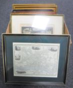 A box of assorted pictures - map of Newcastle, etchings,