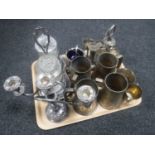 A tray of 20th century plated wares, egg cups on stand, table candelabra,