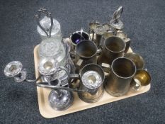 A tray of 20th century plated wares, egg cups on stand, table candelabra,