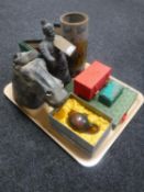 A tray of 20th century tourist wares - boxed teapot, Emperor figure, glazed brush pot,