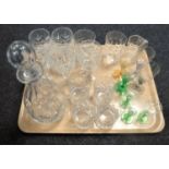 A tray of assorted glass ware - lead crystal decanter, whiskey tumblers,