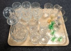 A tray of assorted glass ware - lead crystal decanter, whiskey tumblers,