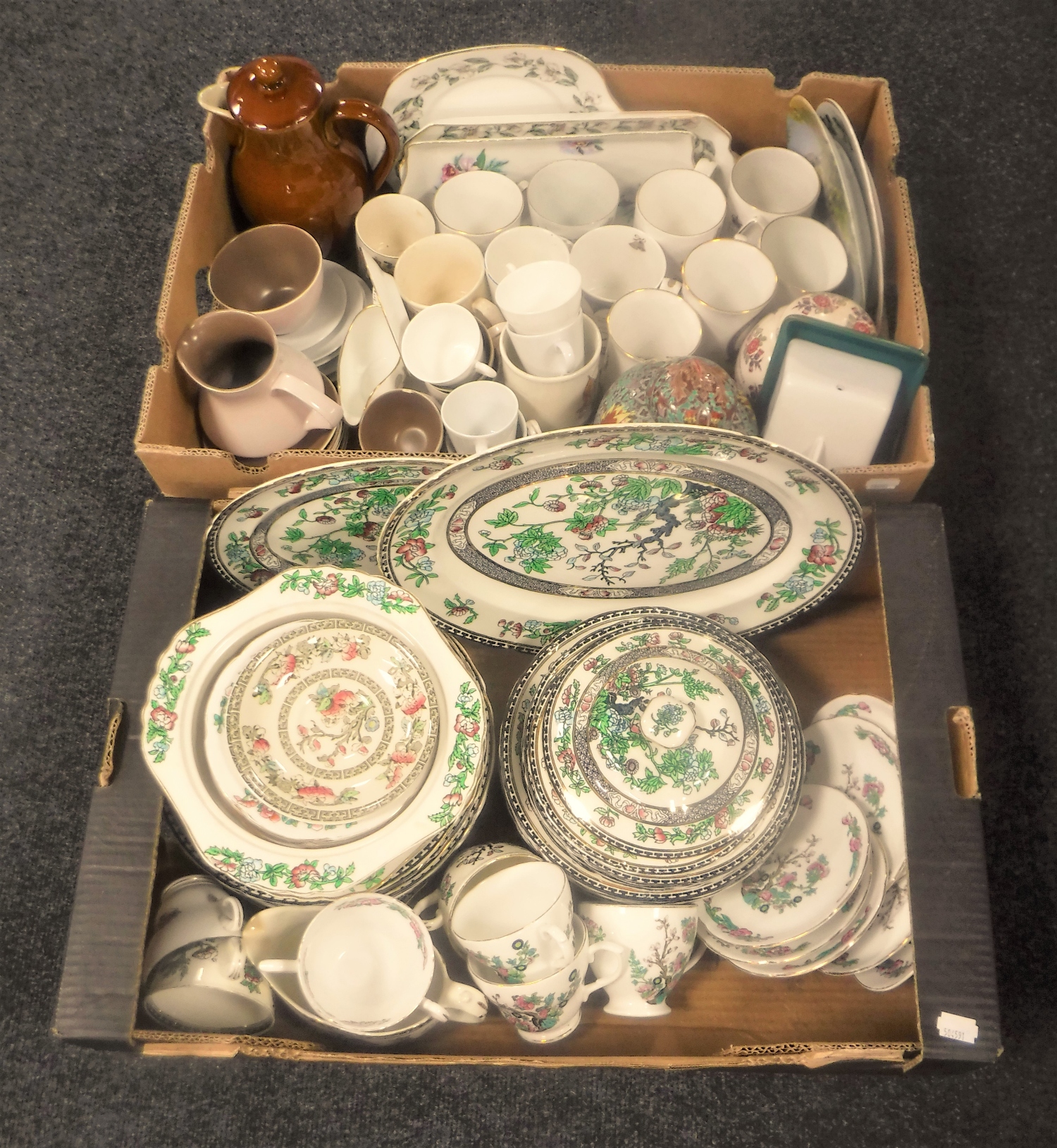 Two boxes of Indian Tree tea and dinner ware, Denby jug, Poole coffee set,