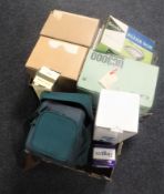 Two boxes of digital cameras, projectors, camera stands, slide box,