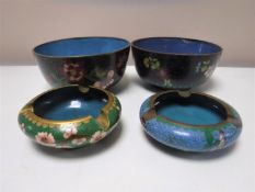 Two cloisonne finger bowls and two cloisonne ashtrays