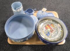 A tray of six pieces of Wedgwood blue and white Jasperware, Royal Doulton willow pattern fruit bowl,