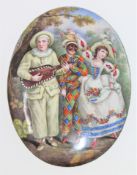 A fine 19th century enamelled oval plaque depicting figures in 18th century dress,