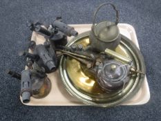 A tray of three vintage blow lamps, three brass plates, miniature teapot,