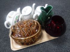 A tray of Mid Winter Sienna teapot, Ringtons teapot and one other, glazed pottery lidded game pot,