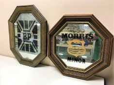 Two octagonal framed mirrors bearing BP and Morris Minor advertising