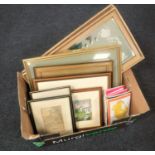 A box of pair of gilt framed Edwardian hand painted mirrors, framed pictures,