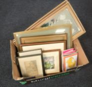 A box of pair of gilt framed Edwardian hand painted mirrors, framed pictures,