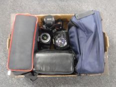 A box of JVC, Sony & Chinon video cameras, three Minolta cameras with lenses, 9000 AF,