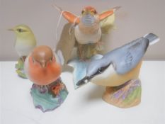 Four Royal Worcester birds - Robin, Woodpecker,