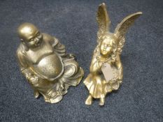 A gilt figure of a flower fairy and a gilt Buddha figure