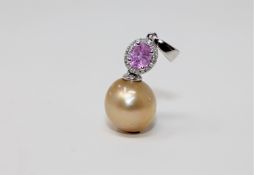 A pearl and pink sapphire pendant,