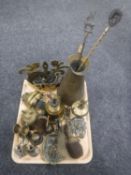 A tray of assorted brass ware - jug, toasting fork, oil lamp, hearth brush,