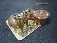 A tray of two antique copper bed warming pans,