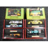 Four boxed Scalextric vehicles and two others