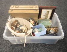 A box of continental figures, lingua phone set, portrait miniatures,