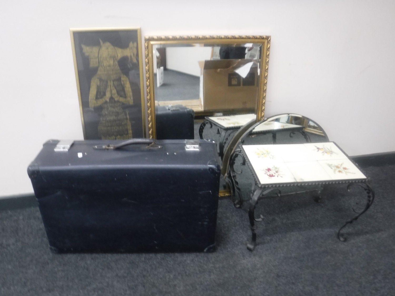 A mid 20th century luggage, Art Deco mirror, print,