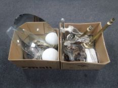 Two boxes of bathroom fittings, brass Corinthian column table lamps,