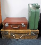 Two vintage leather luggage cases together with a 20 litre Jerry can