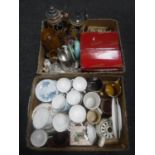 Two boxes of tea china, beer steins, glass bells,