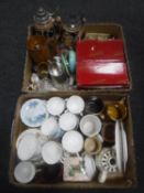 Two boxes of tea china, beer steins, glass bells,